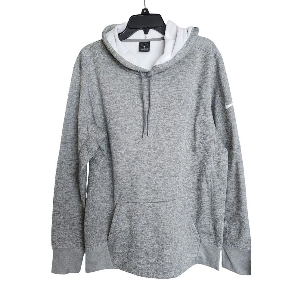 Nike Men's Dri FIT Fleece Pullover Hoodie Heather Grey White Swoosh L
